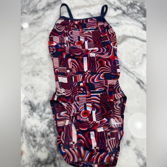 SPEEDO ENDURANCE Cubicle Plus Flyback USA Swimsuit Polyester Navy Red White S - Picture 3 of 8